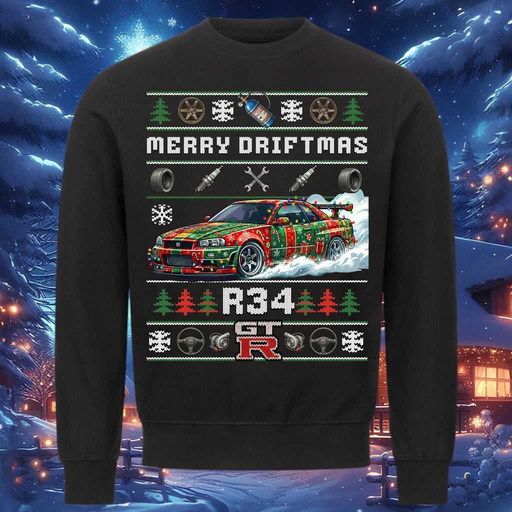 R34 GT-R Skyline - MERRY DRIFTMAS - Weihnachts-Sweatshirt