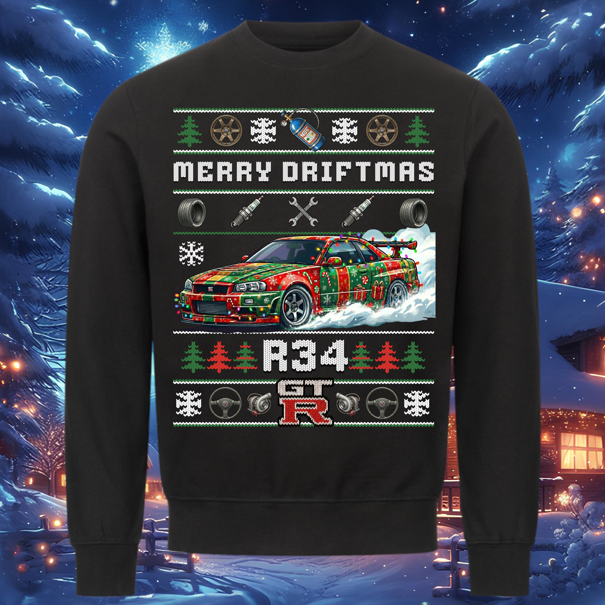 R34 GT-R Skyline - MERRY DRIFTMAS - Weihnachts-Sweatshirt