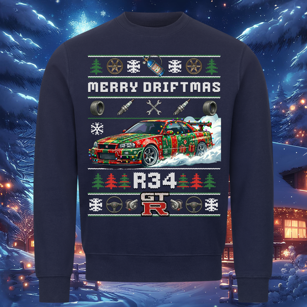 R34 GT-R Skyline - MERRY DRIFTMAS - Weihnachts-Sweatshirt