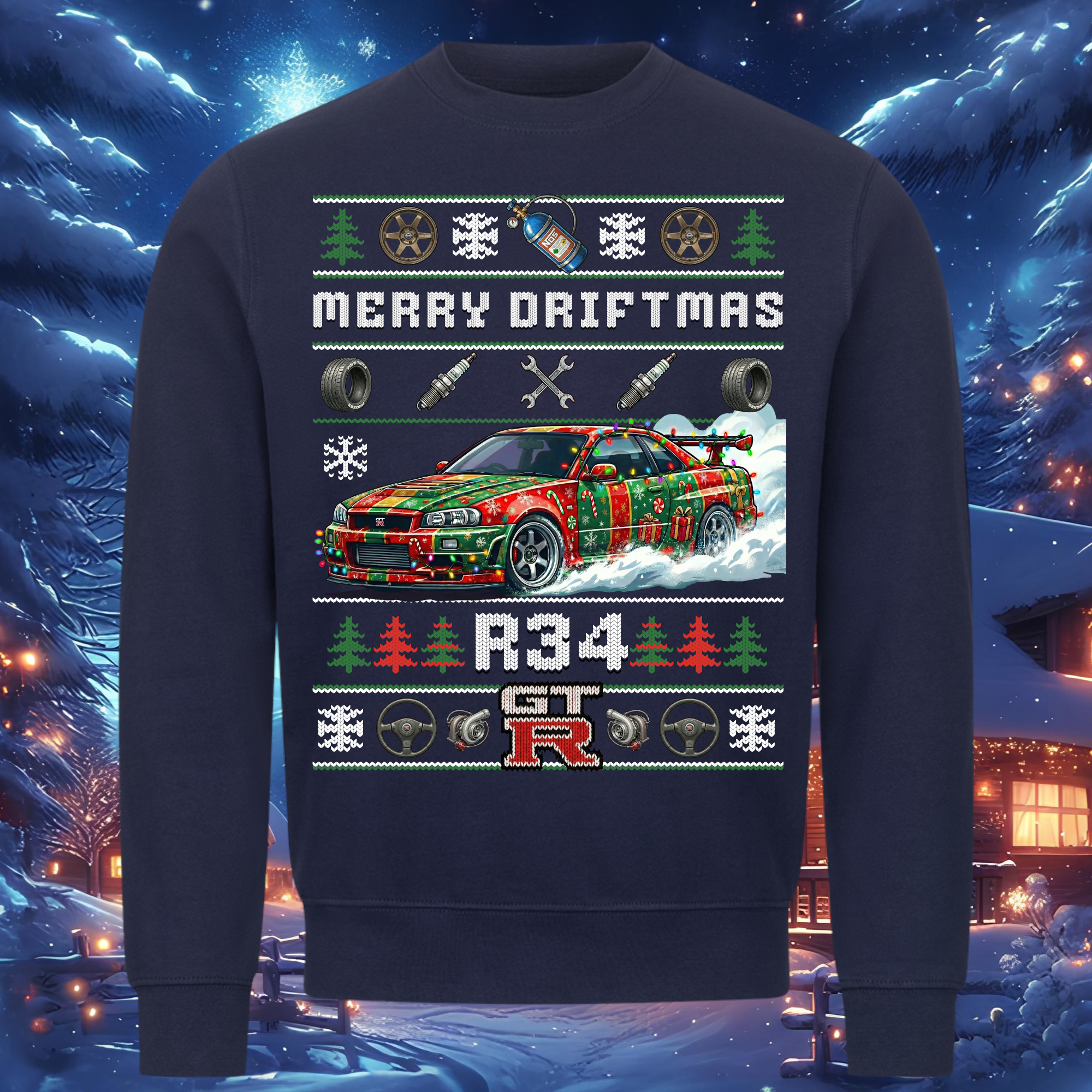R34 GT-R Skyline - MERRY DRIFTMAS - Weihnachts-Sweatshirt