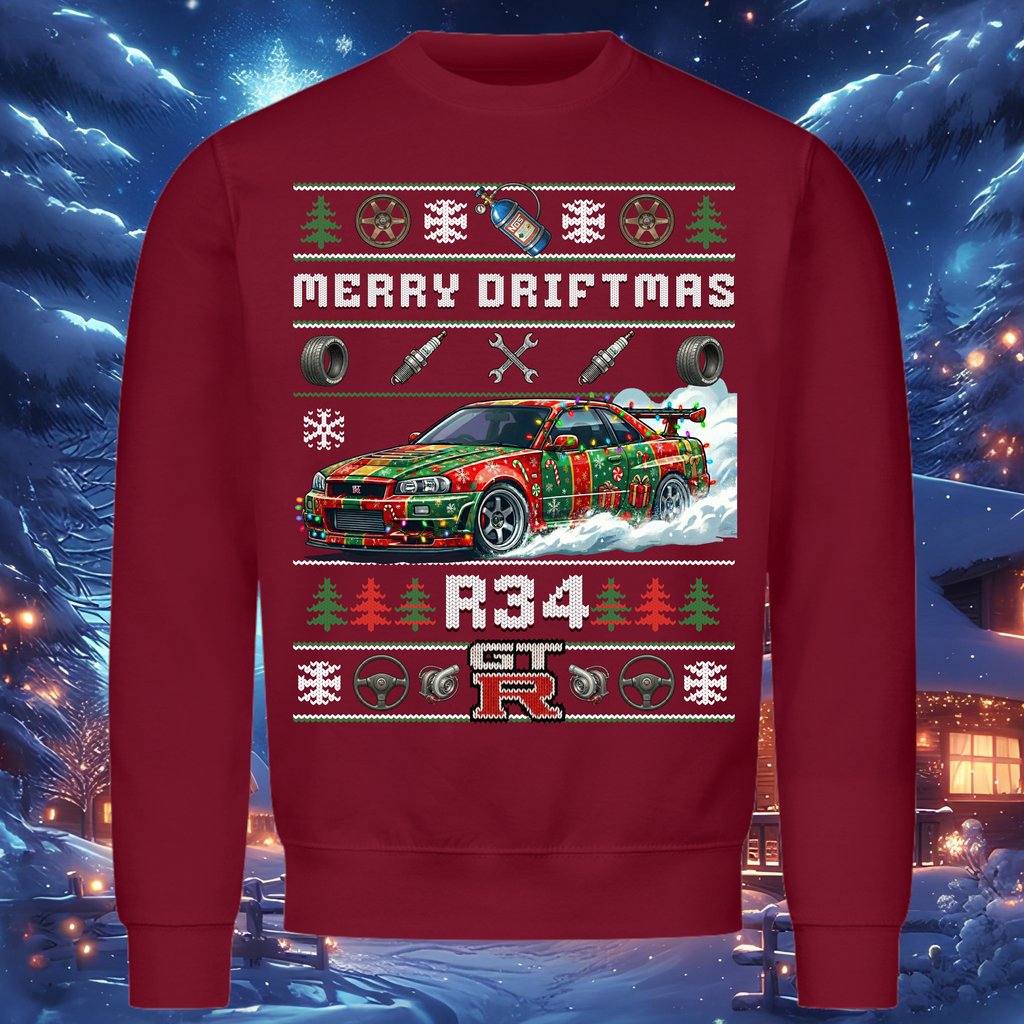R34 GT-R Skyline - MERRY DRIFTMAS - Weihnachts-Sweatshirt