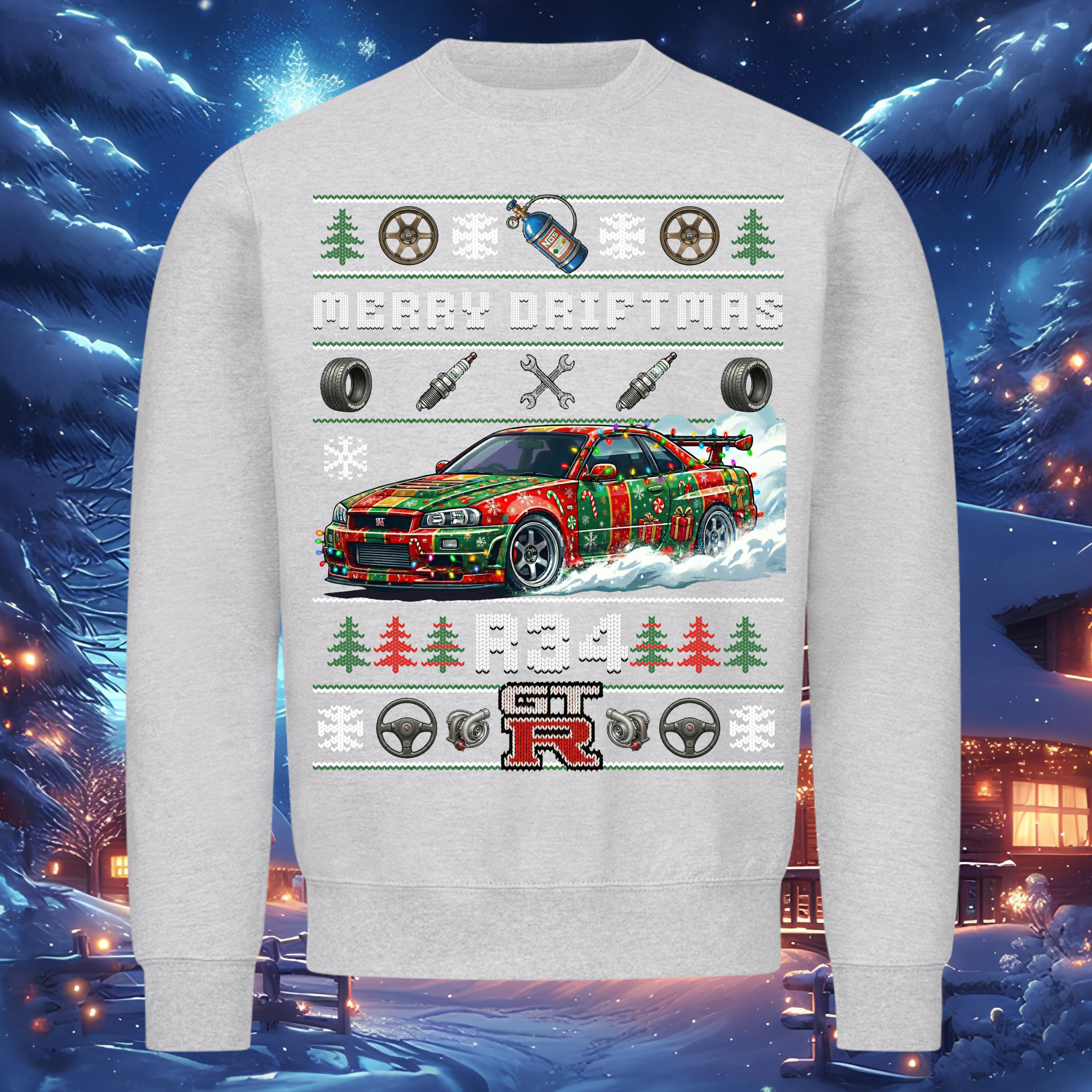 R34 GT-R Skyline - MERRY DRIFTMAS - Weihnachts-Sweatshirt