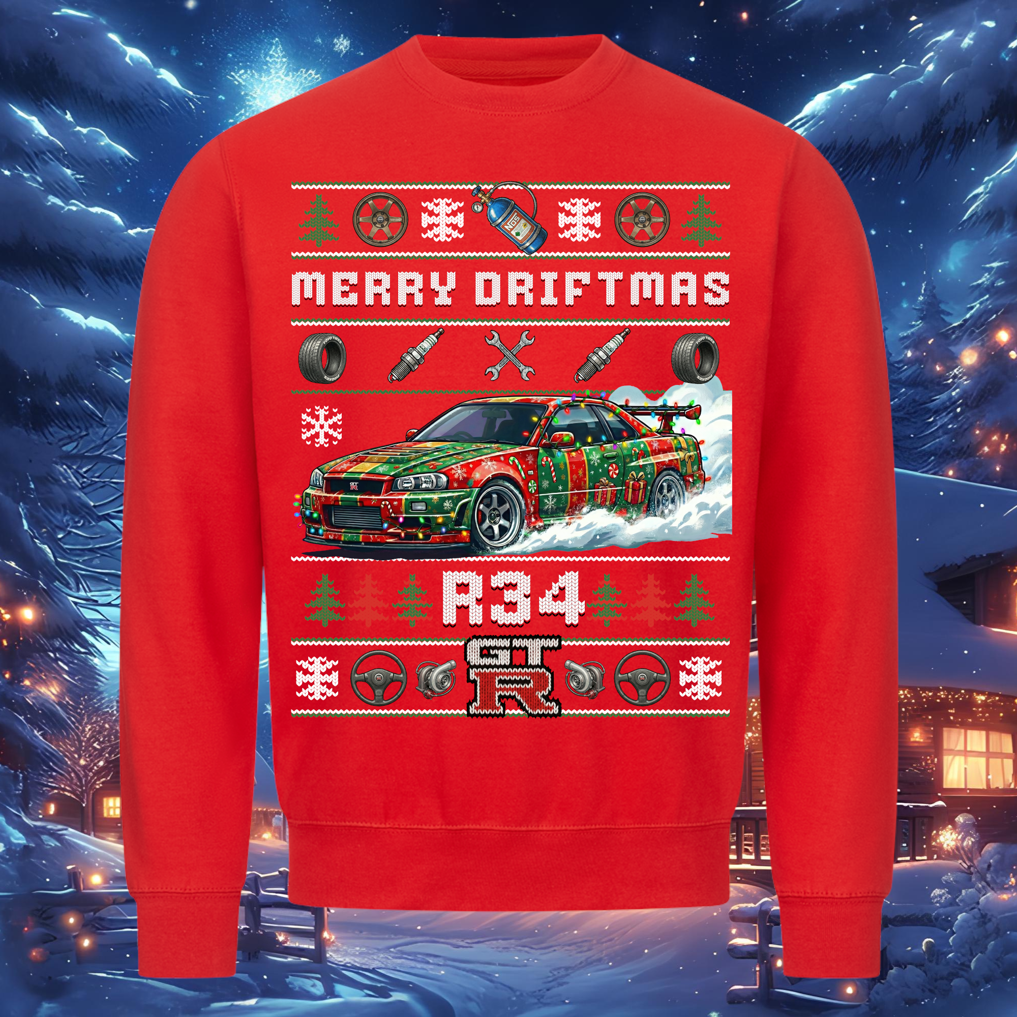 R34 GT-R Skyline - MERRY DRIFTMAS - Weihnachts-Sweatshirt