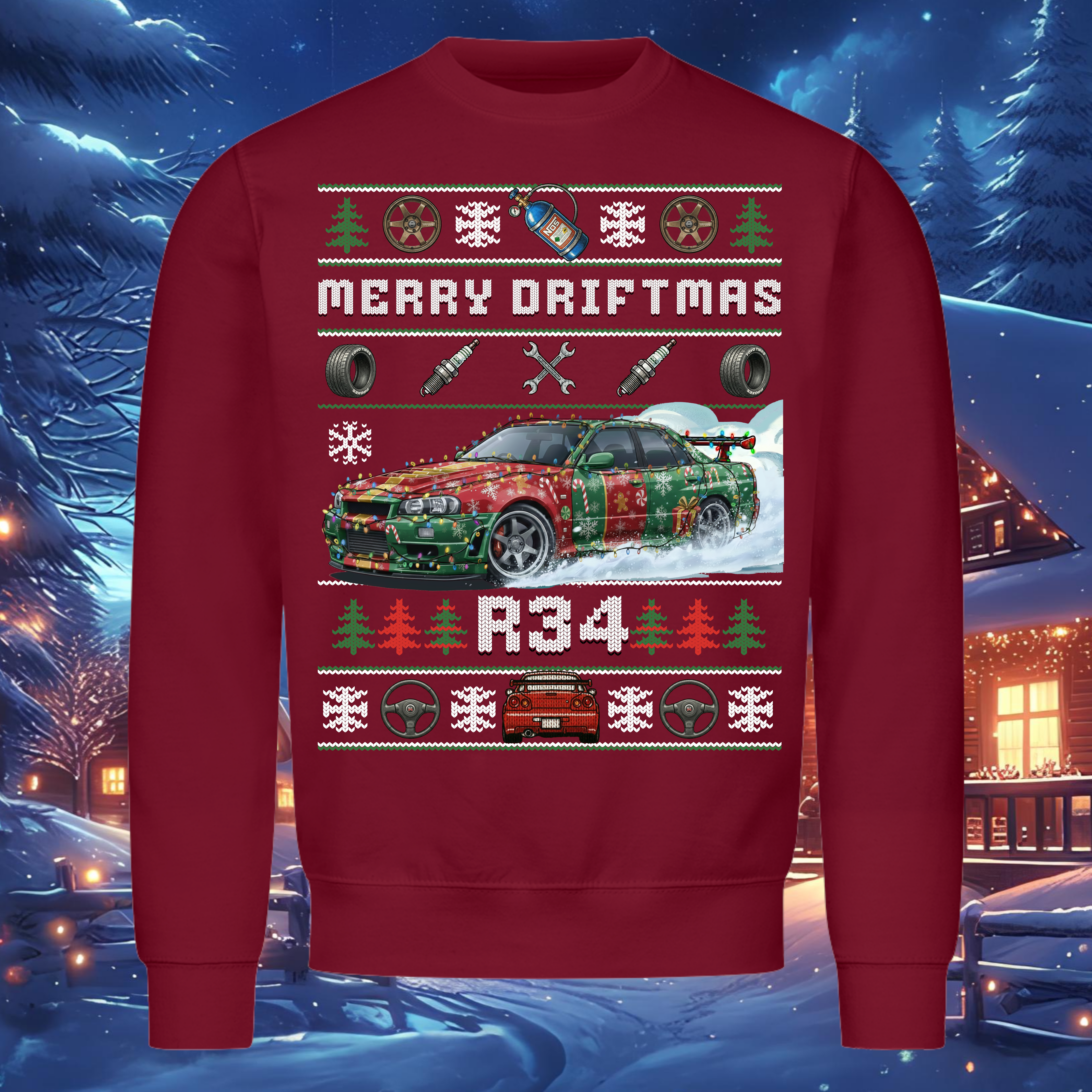 Nissan Skyline R34 GT 4-Türer  - MERRY DRIFTMAS - Weihnachts-Sweatshirt