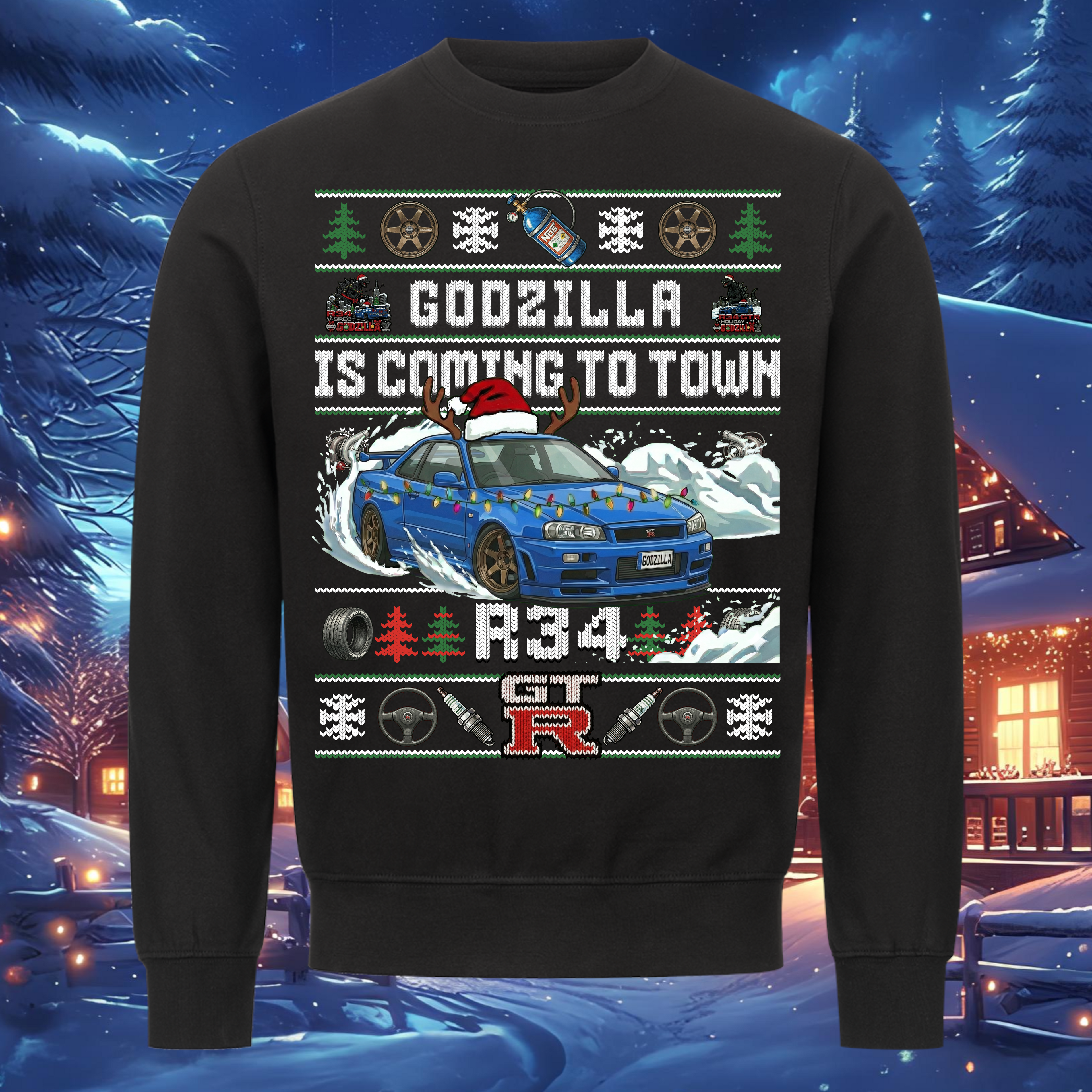 R34 GT-R Skyline - GODZILLA - Weihnachts-Sweatshirt